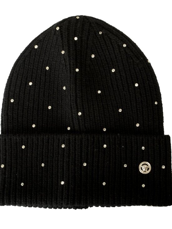 Versace Black Ribbed Strass Decorated 100% Wool Beanie Hat main image 5